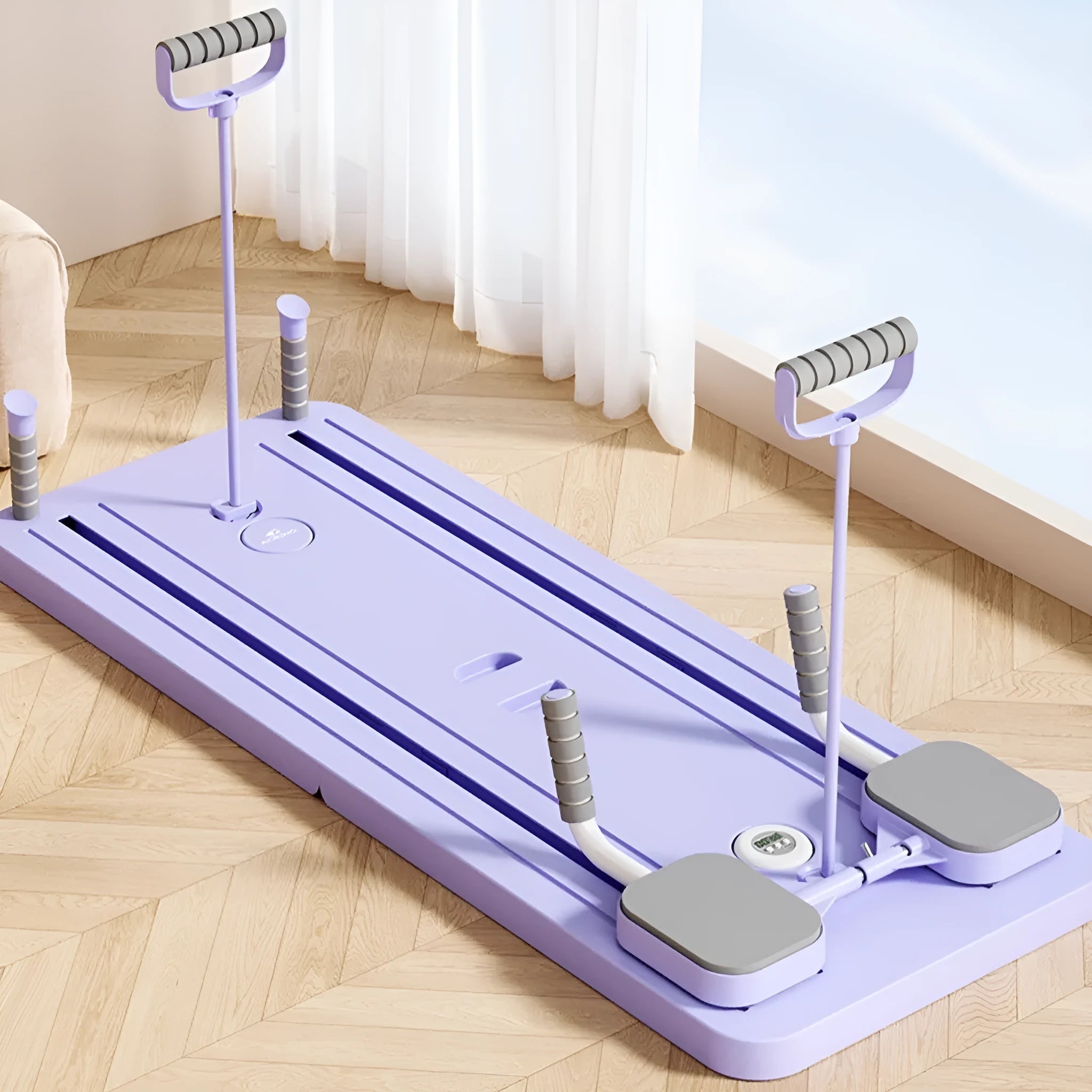 Standard purple PP plastic fitness board with abdominal wheel for home exercise.