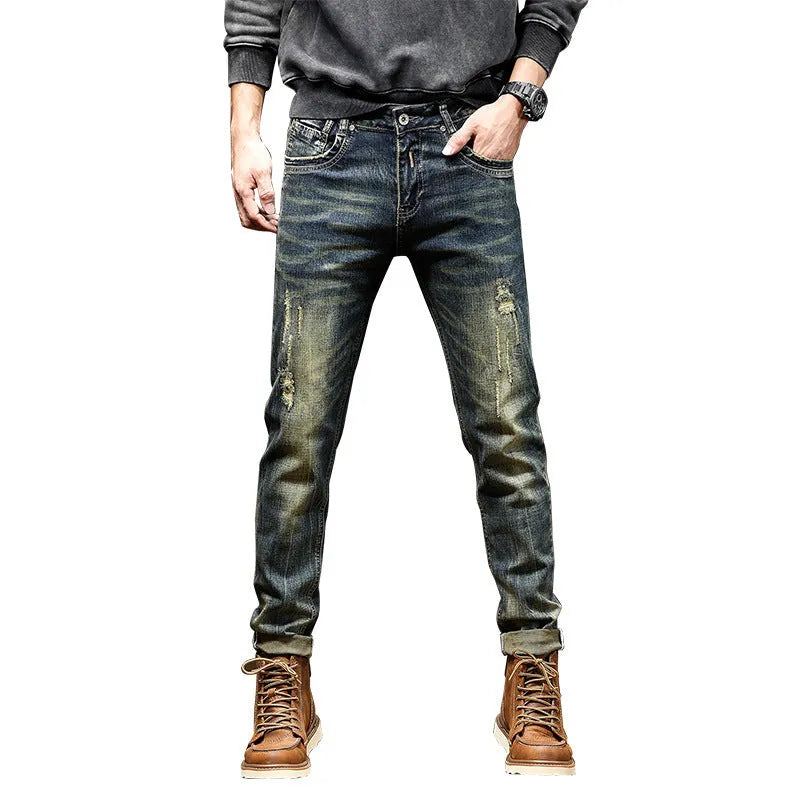 Men's retro colour stretch jeans in skinny fit with zip fly