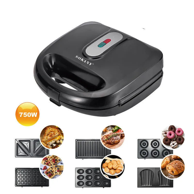 Black double-sided electric sandwich pan with brushed stainless steel lid and non-stick coating.