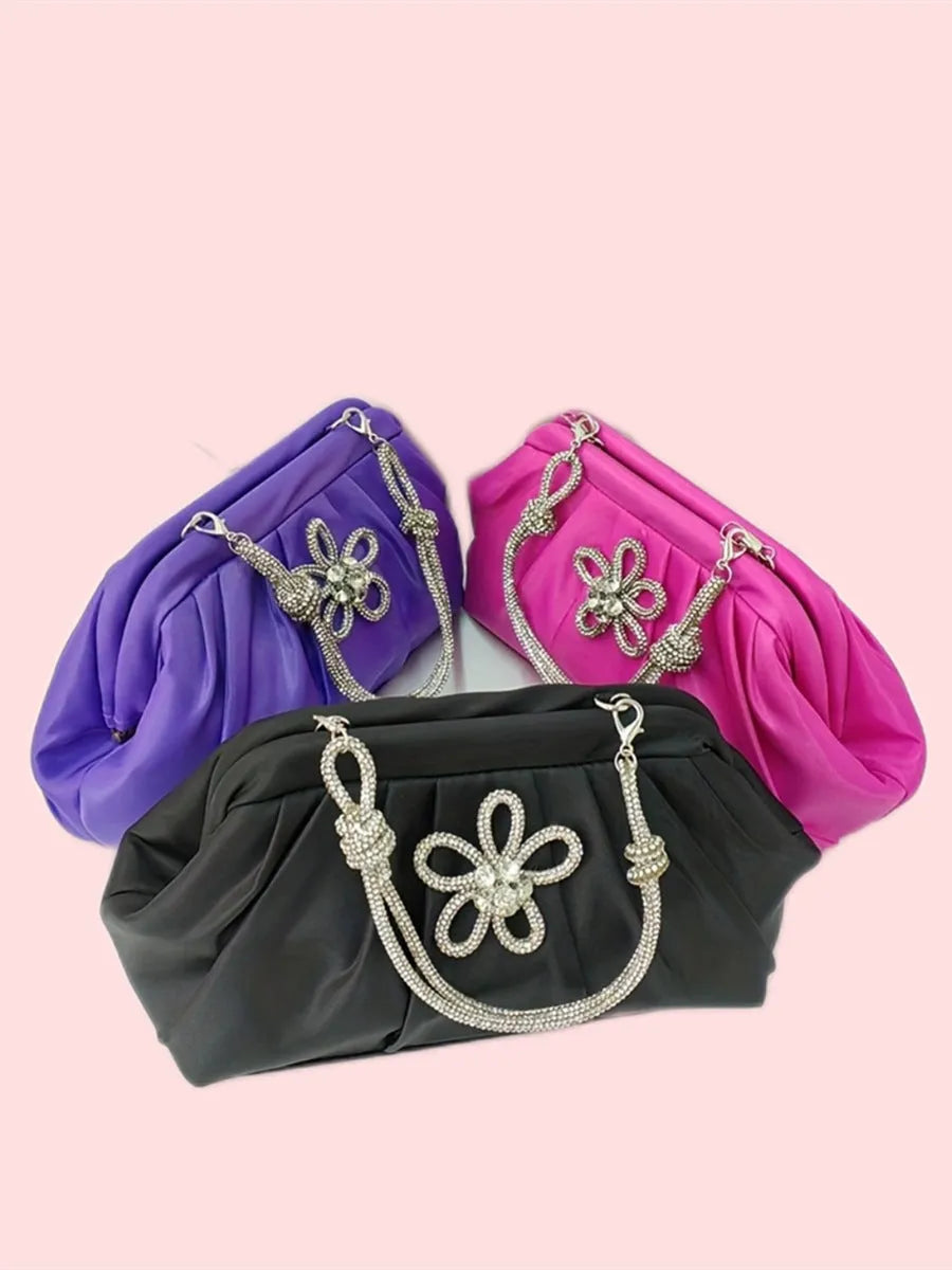 Women's large black polyester dinner bag with chain accents and document compartment, shown with rose red and lavender purple colour options