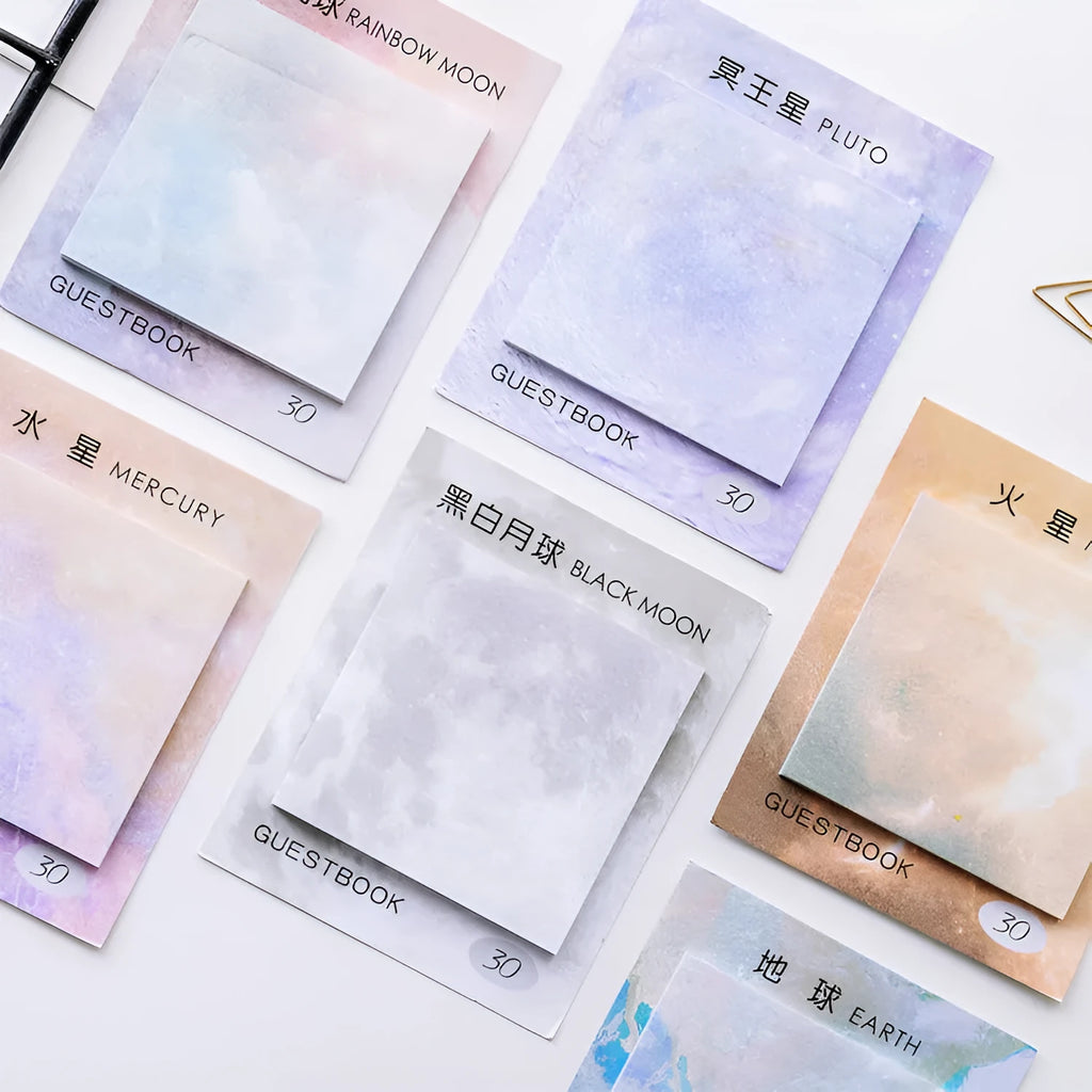Square planet sticky notes showing Earth, Mars, and Mercury designs at 7.3cm dimensions