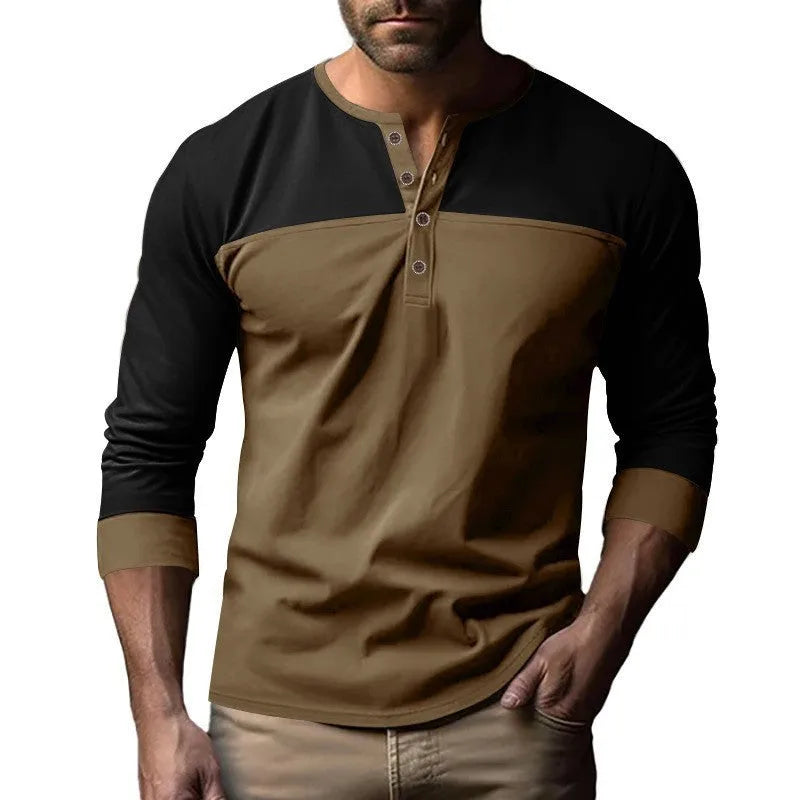 Men's long-sleeve Henry collar T-shirt in solid colour beaded twill fabric