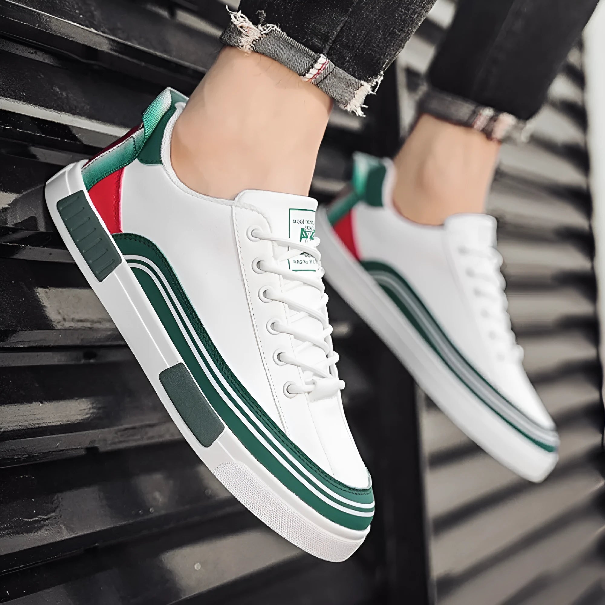 Men's canvas casual shoes with mesh ventilation panels in beige, white and green colours