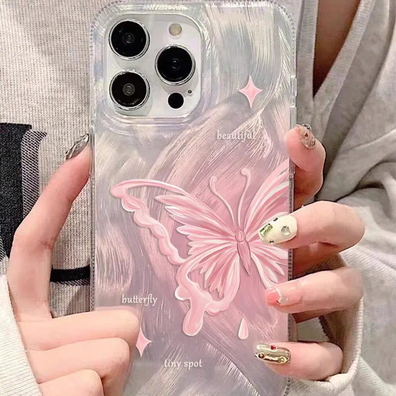 Transparent PC silicone phone case with feather yarn butterfly design for Apple iPhone