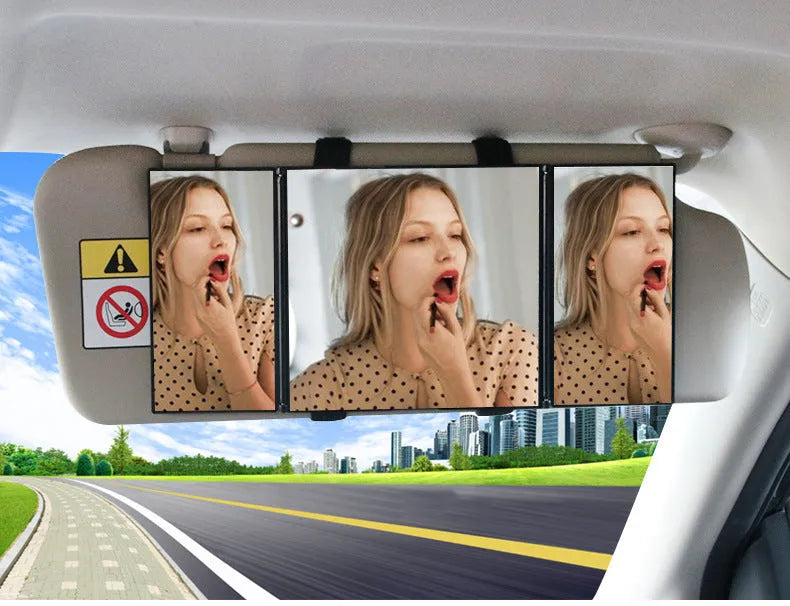 Silver car folding makeup mirror shown open and closed, model SD-2408