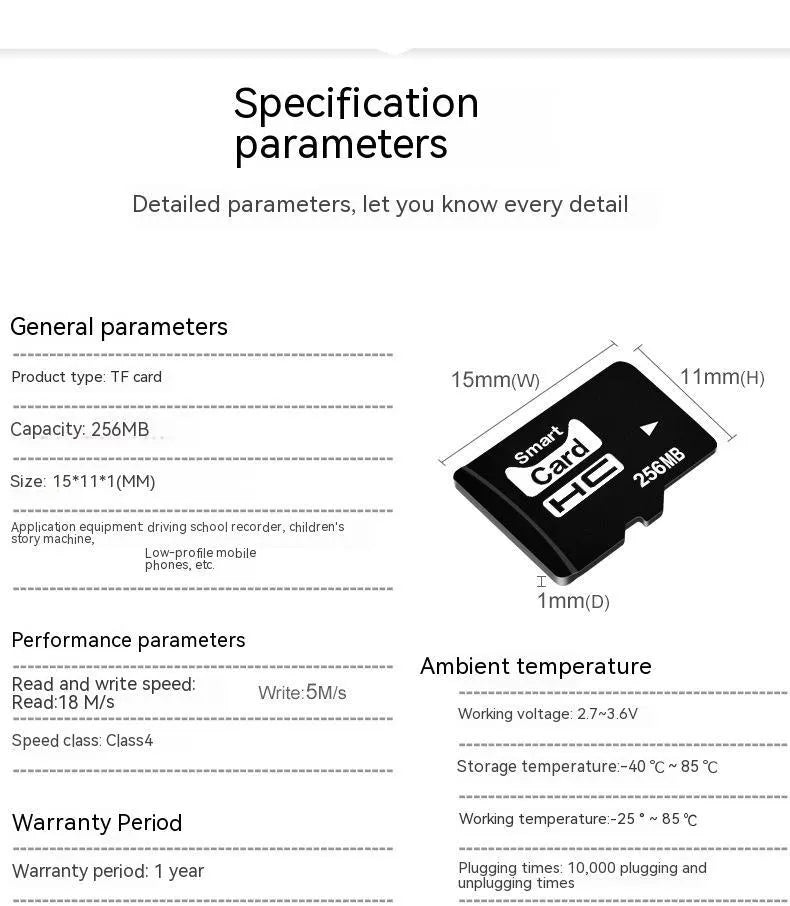 A 256MB TF series memory card with dimensions of 11mm by 15mm by 1mm