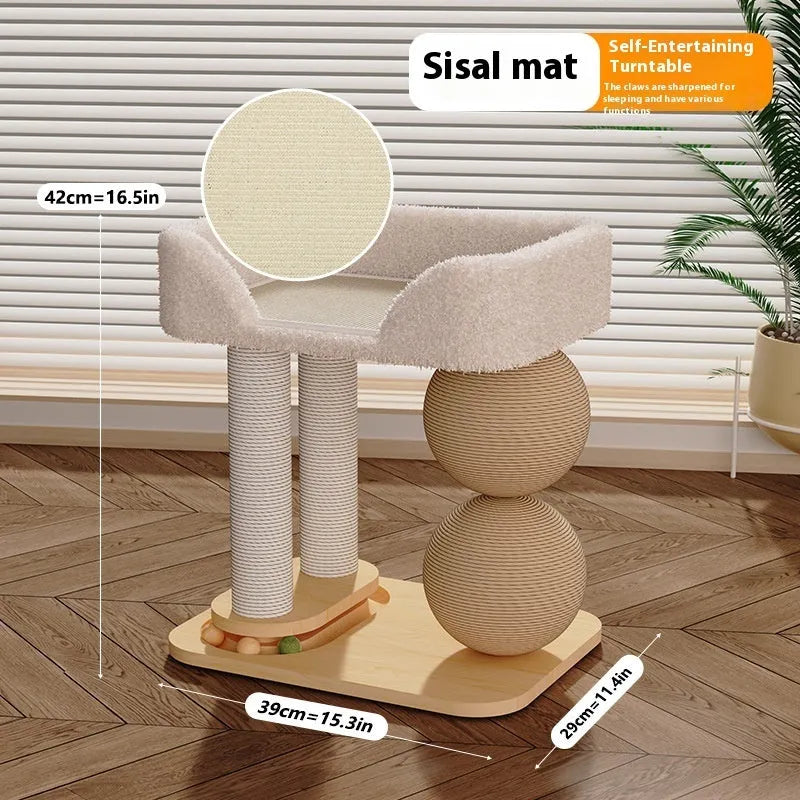 Pine wood cat nest with attached grasping balls in sisal style finish