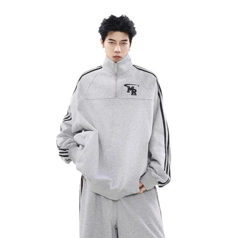 Black American retro stand collar long sleeve couple hoodie made from polyester fabric.
