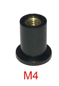 Black plastic motorcycle windshield rubber brass well nuts in M4 M5 M6 sizes pack of 10 pieces