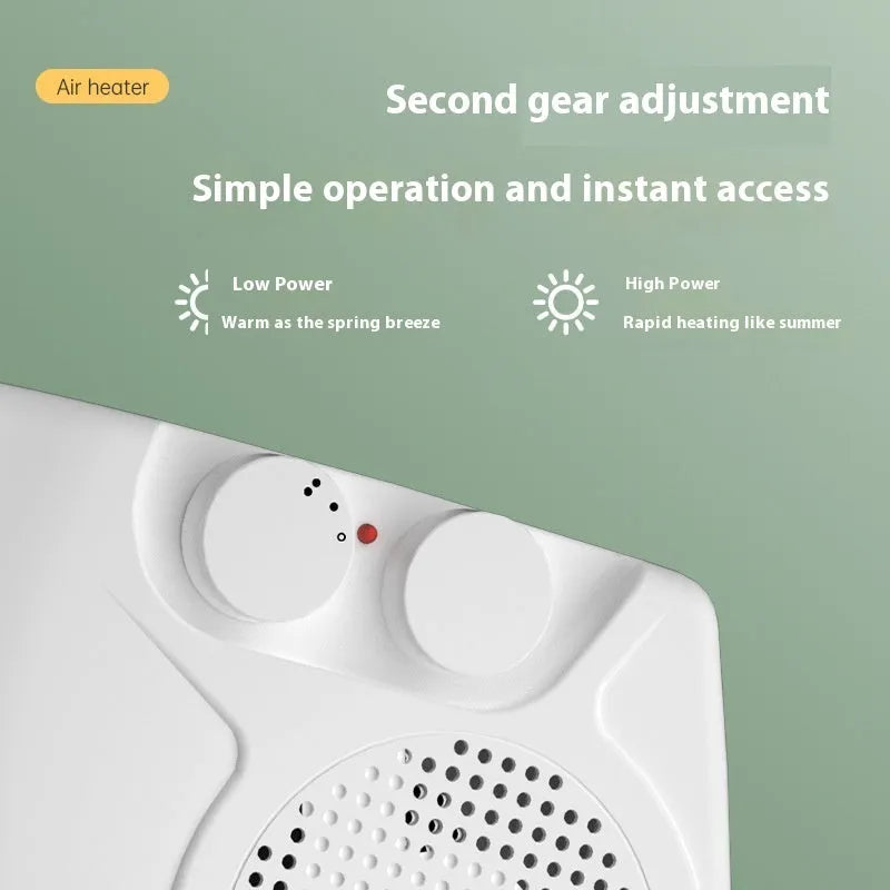 Slim white electric heater for desktop use with two speed settings.