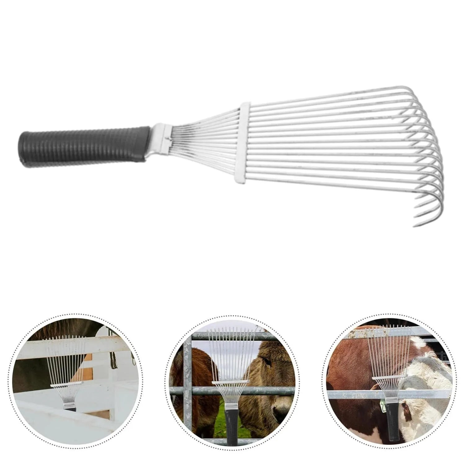 Stainless steel dematting brush rake comb for dog and horse grooming on a table.