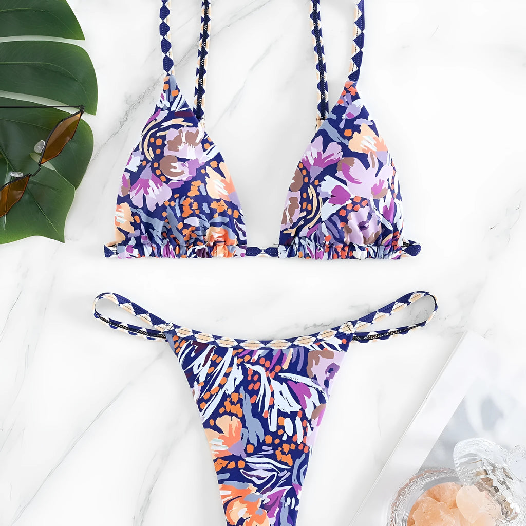 Women's floral print triangle swimsuit in polyester fabric with briefs style cut