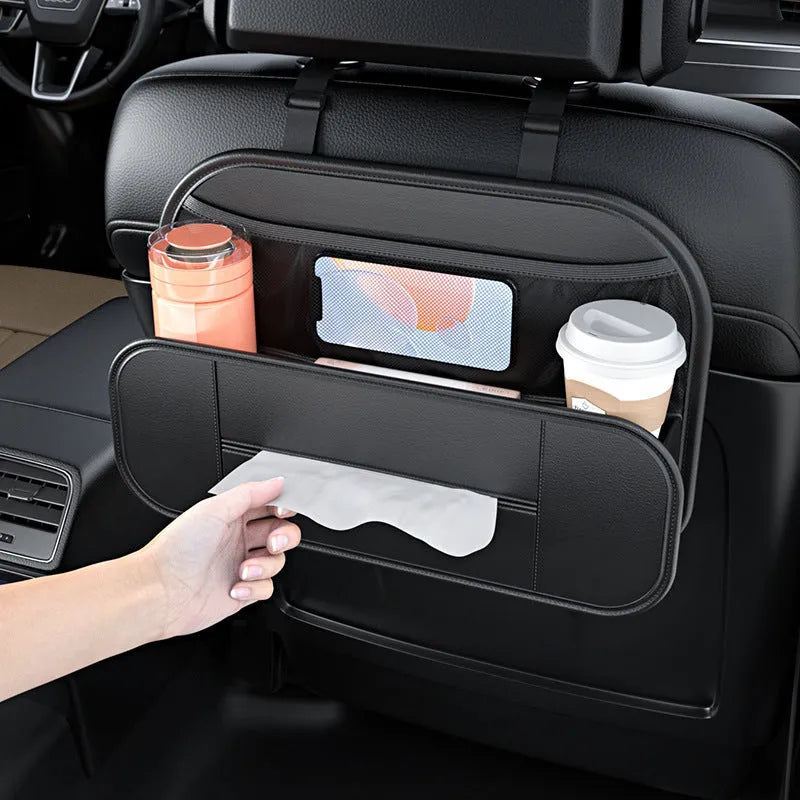 Black leather car seat rear storage bag showing dimensions and compartments for vehicle organisation