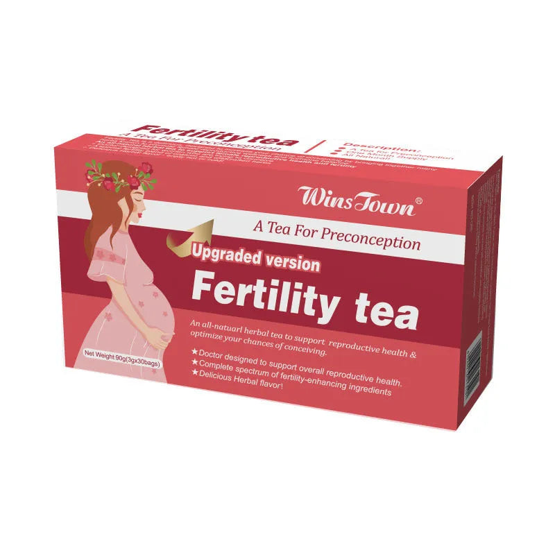 Box of fertility tea containing 3 packs with 330 herbal tea bags for preconception support