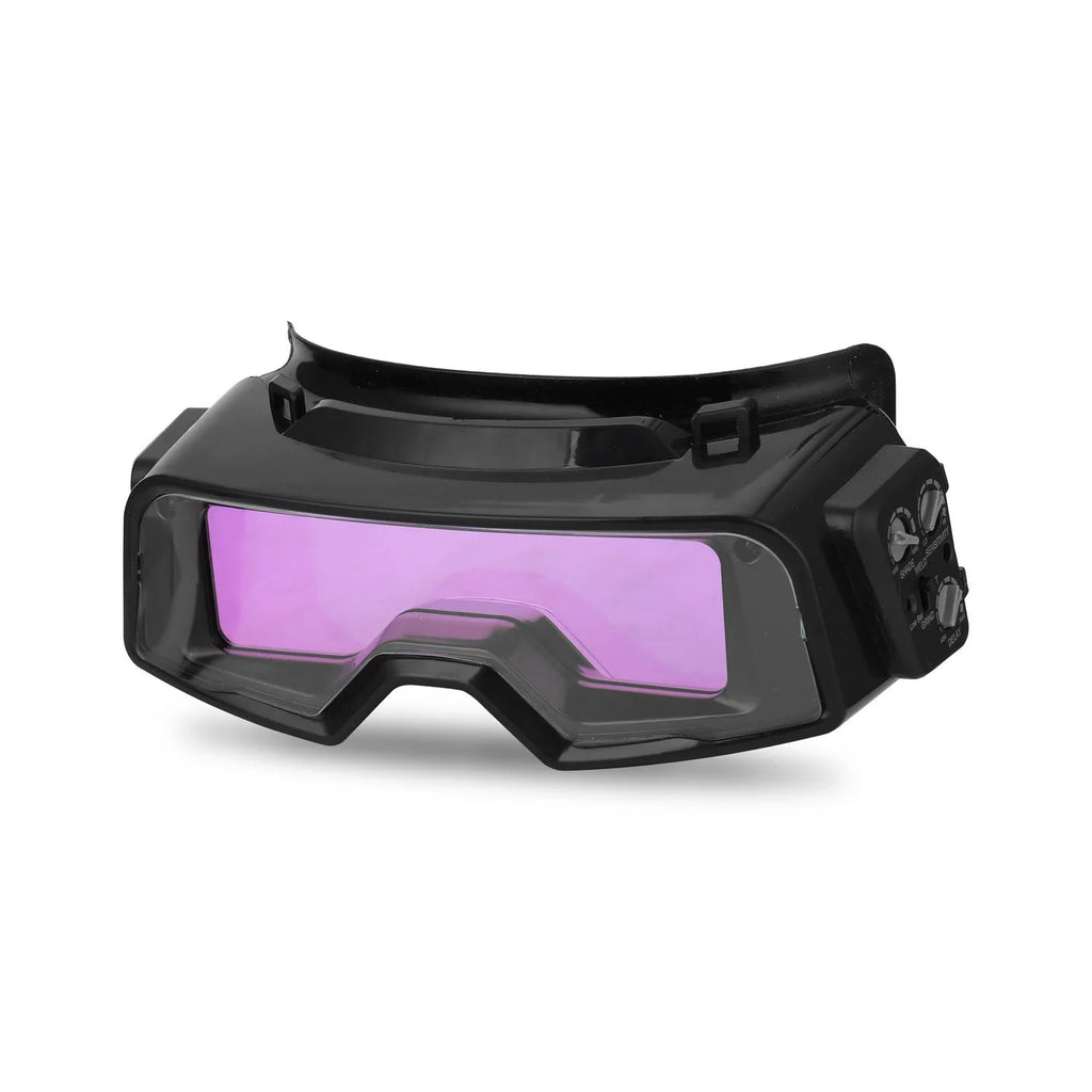 Black automatic darkening welding mask with protective headwear, showing the large rectangular viewing lens.