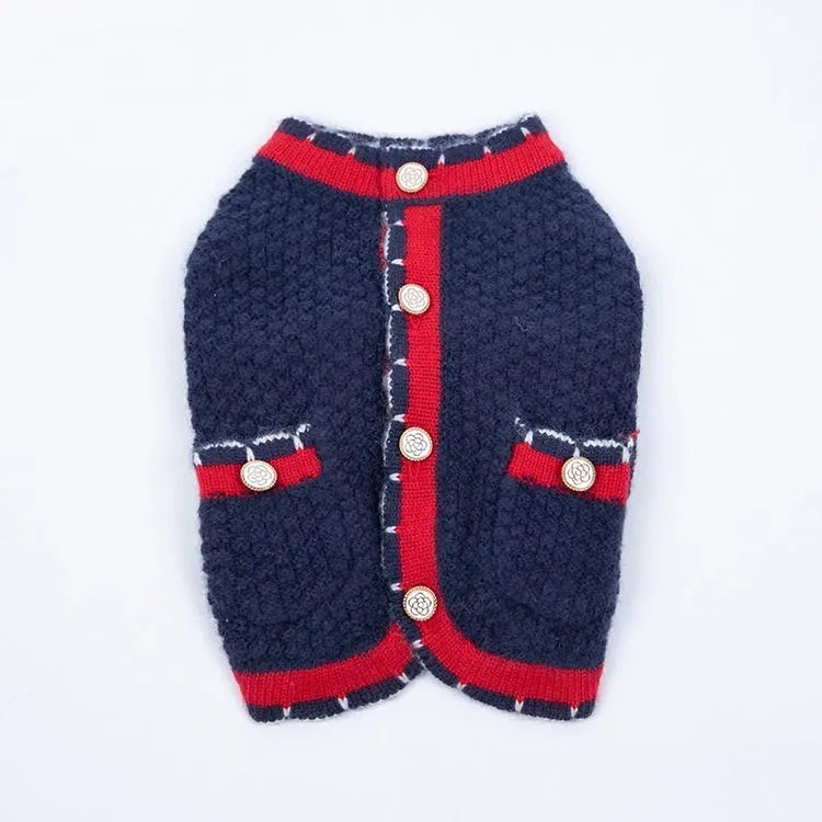 Blue wool princess-style sweater cardigan for dogs and cats shown on a pet model