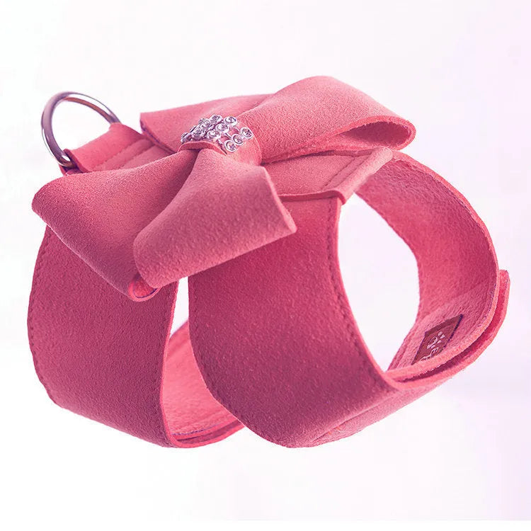 Cute fashion bowknot puppy chest strap harness in microfiber, shown in pink, blue, and orange colour options.
