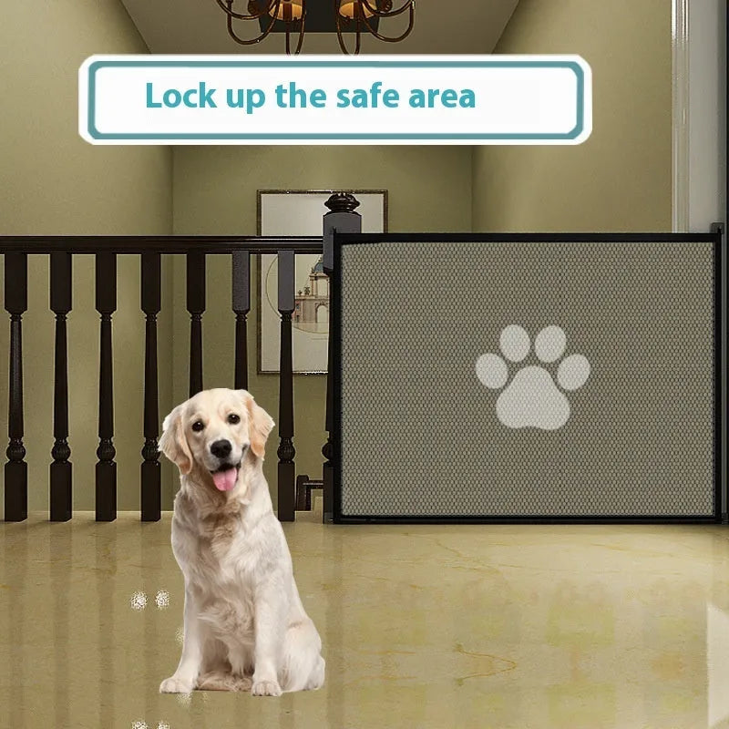 Portable folding dog barrier with cloth net and plastic frame shown with removable doorsill accessory featuring dog footprints
