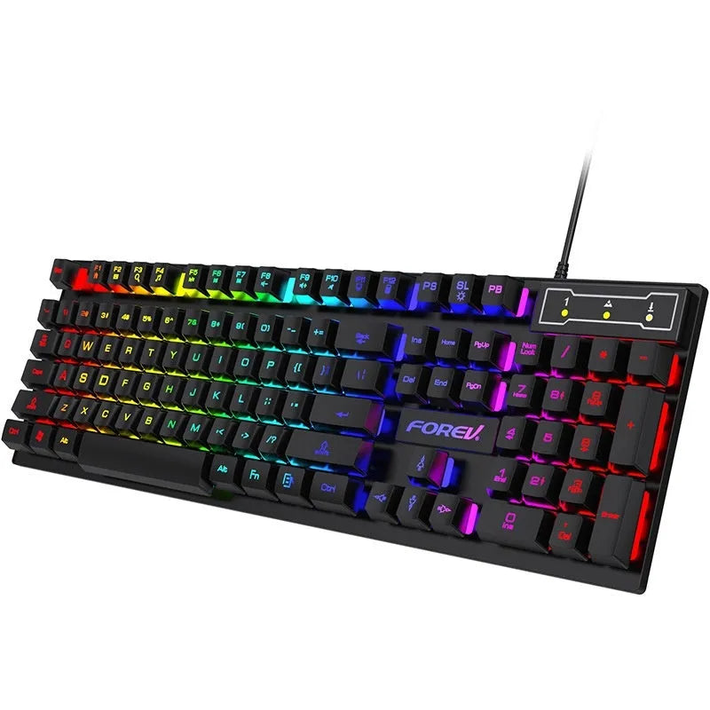 Black portable 104-key backlit gaming keyboard and mouse set on a desk.