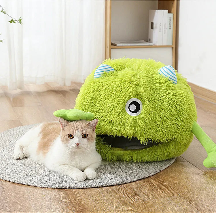Fluffy round plush cat bed with non-slip base, shown in three sizes: small, medium, and large.