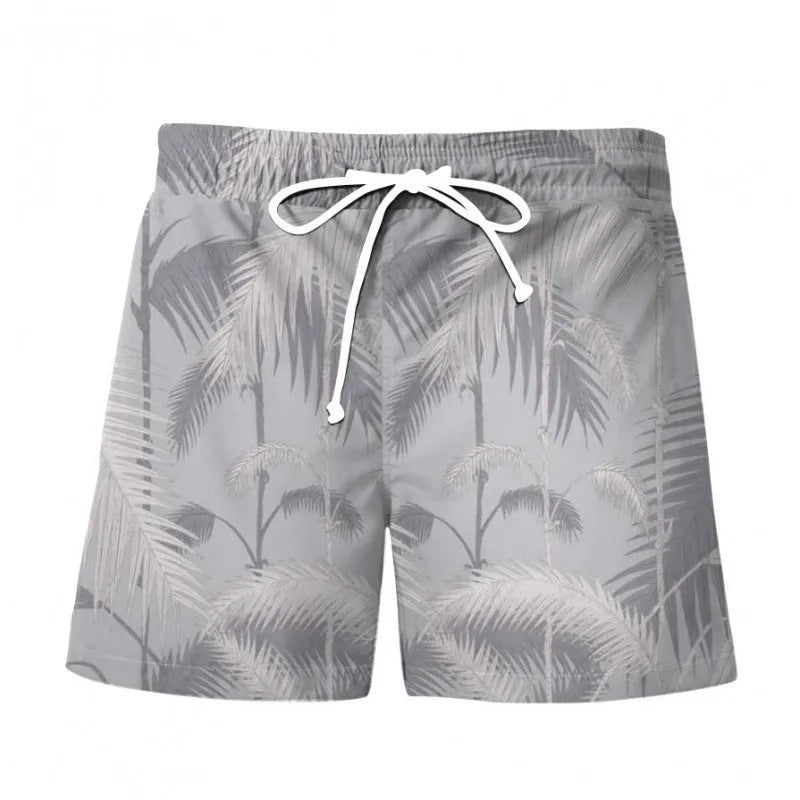 Men's 3D digital printing beach shorts with Hawaiian pattern, polyester fabric, micro-elastic waist