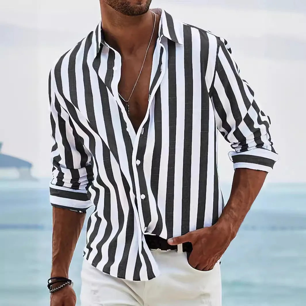 Men's yarn-dyed striped loose fit long-sleeved shirt in British style cardigan cut