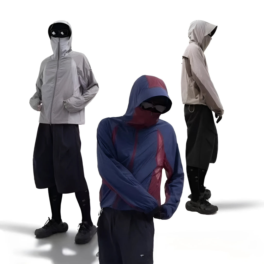 Nylon sun protective top with mesh stitching in desert brown, light grey, red and blue colours.