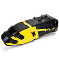 Waterproof PVC bicycle tail bag in yellow, black or green, showing 13-litre capacity for cycling tools.
