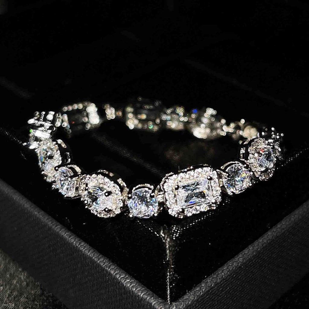 Women's geometric bracelet with S925 sterling silver plating and inlaid zircon stones showing adjustable chain