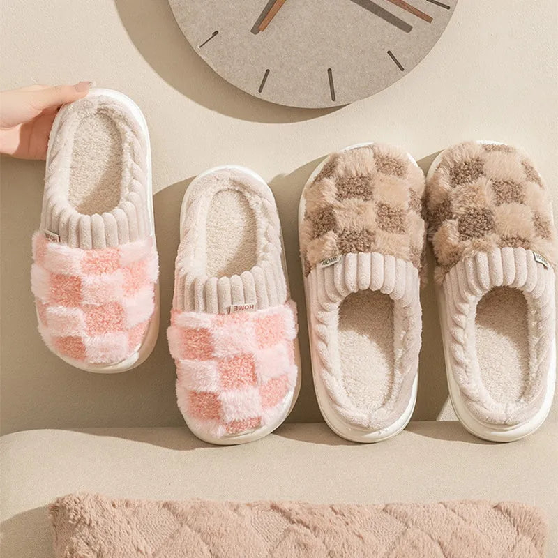 Women's plaid plush slippers in grey with a thick coral velvet upper and textured PVC sole.