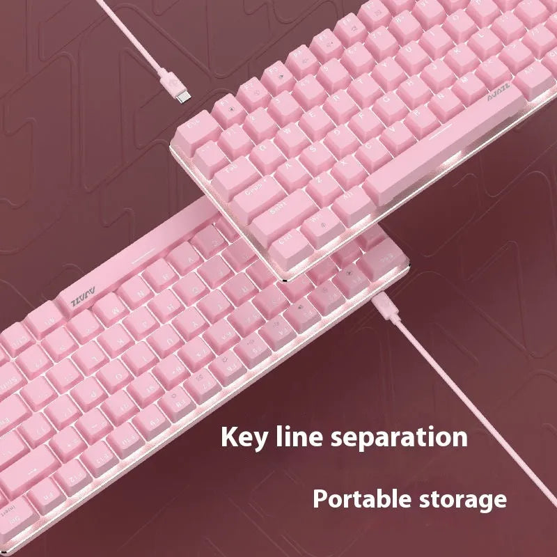 Compact white-backlit mechanical keyboard with 82 keys and metal case on a desk.