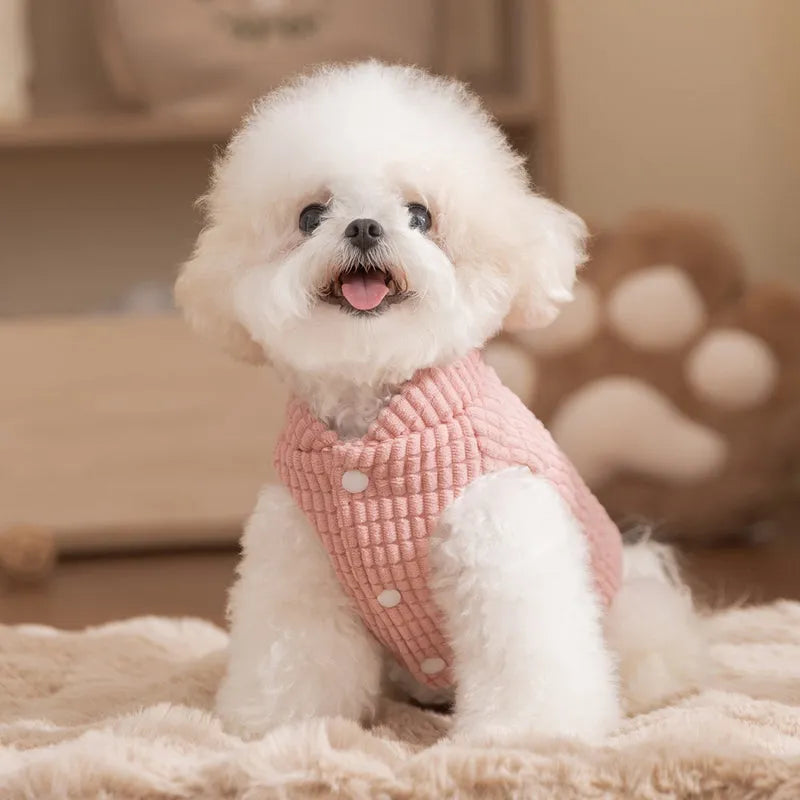 Pink checked corduroy dog vest with metal leash ring and bear tag for small medium dogs