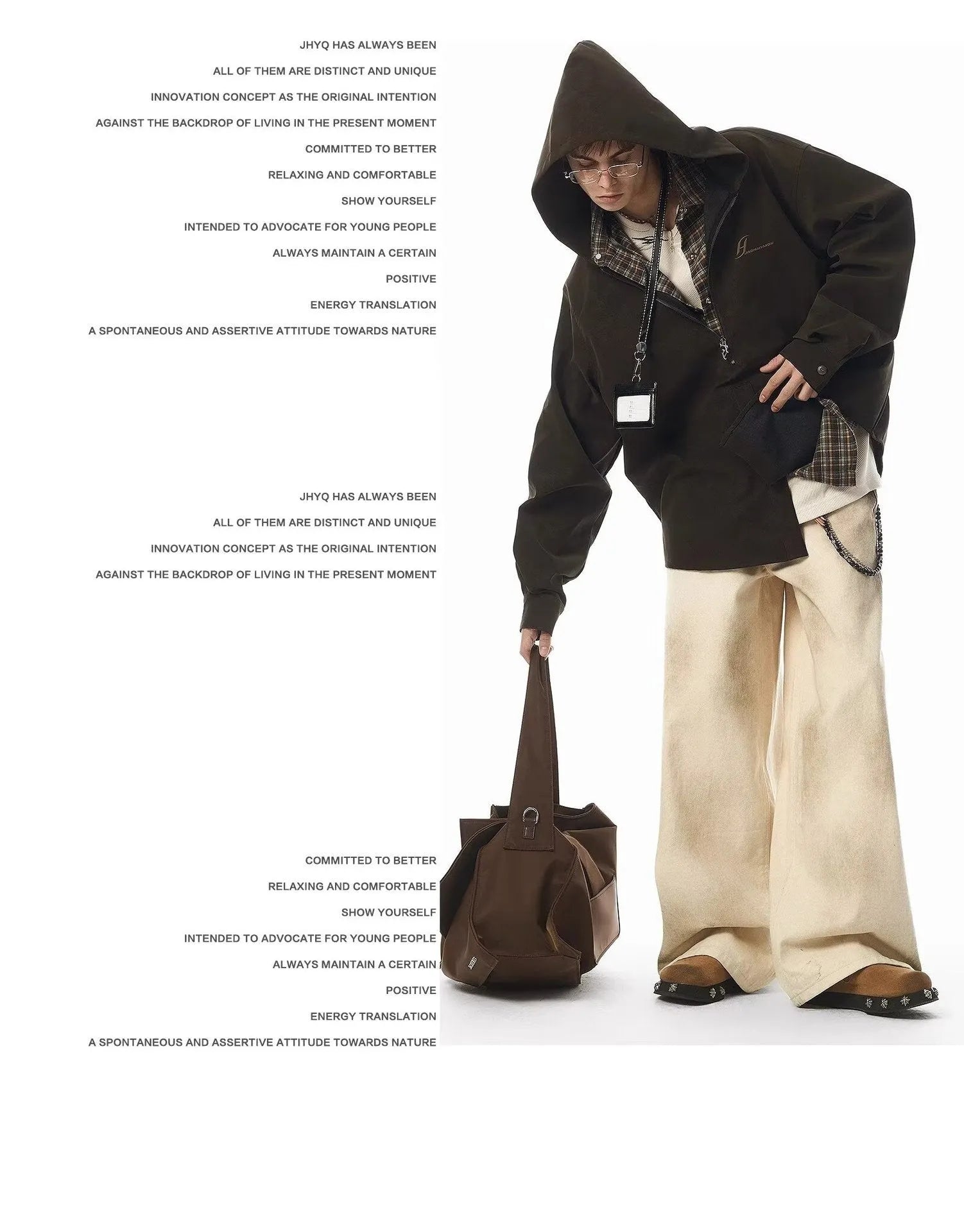 Beige loose straight floor-length cotton trousers with mid-rise waist