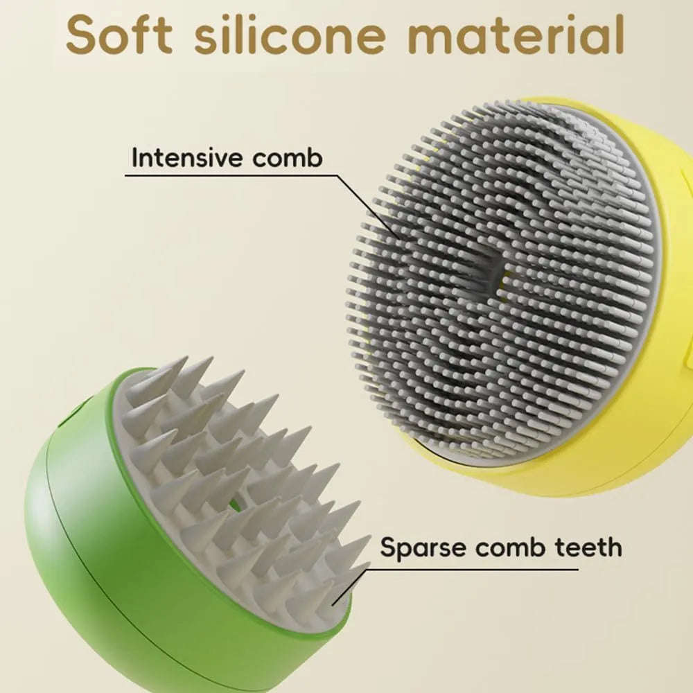 Green rechargeable cat steam brush with silicone bristles for grooming and massage next to a yellow version.