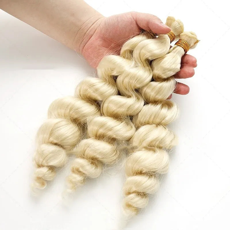 Golden synthetic women's wig showing length options of 18, 20 and 22 inches