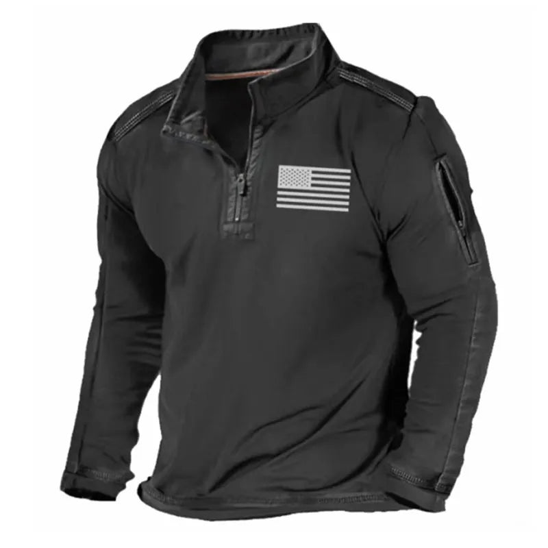 Men's zipped stand collar long-sleeved athletic sweater in polyester fibre