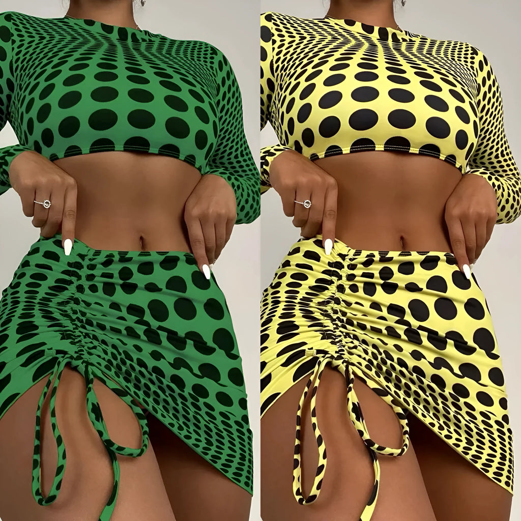 Women's green polka dot swimsuit three-piece set showing halterneck top and skirt