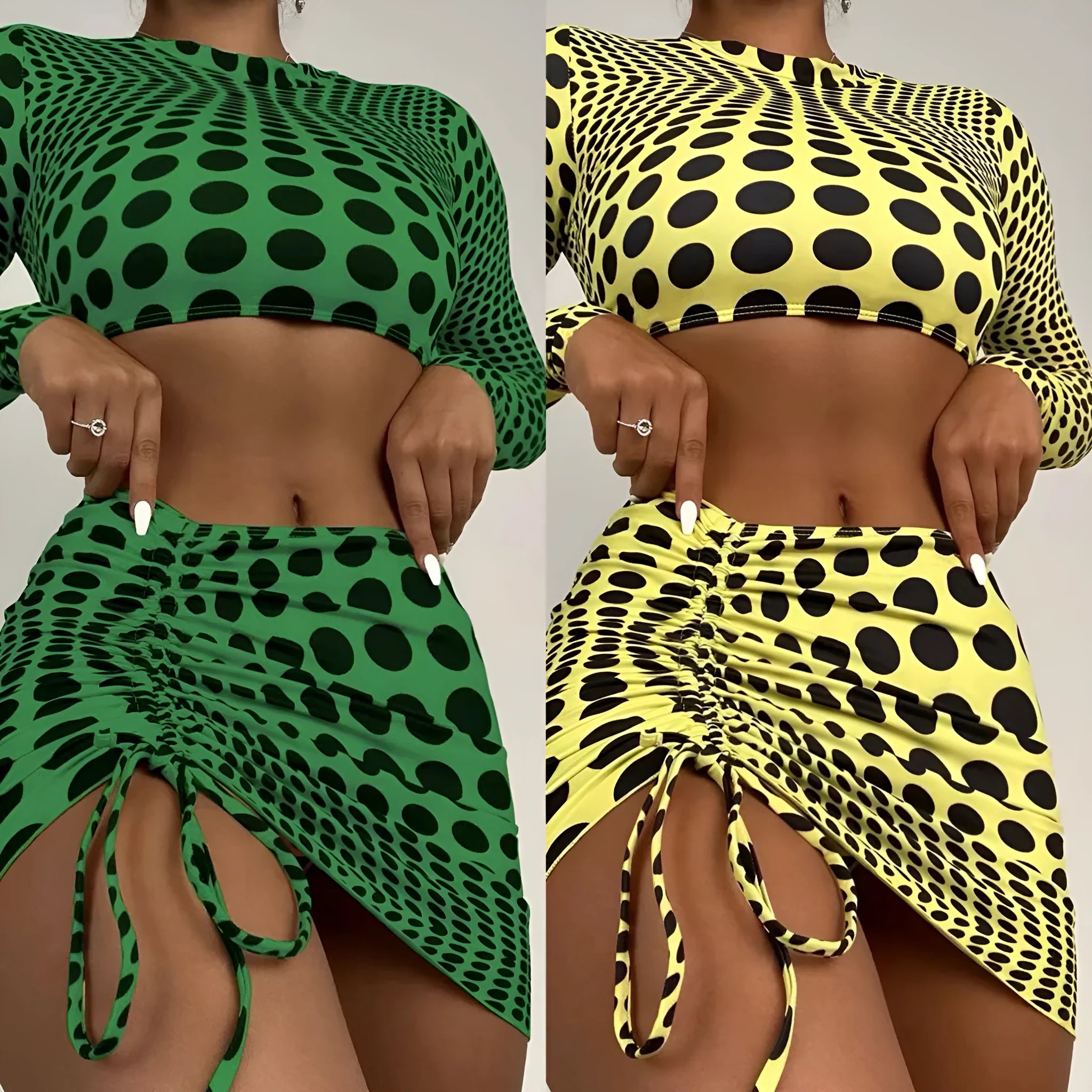 Women's green polka dot swimsuit three-piece set showing halterneck top and skirt