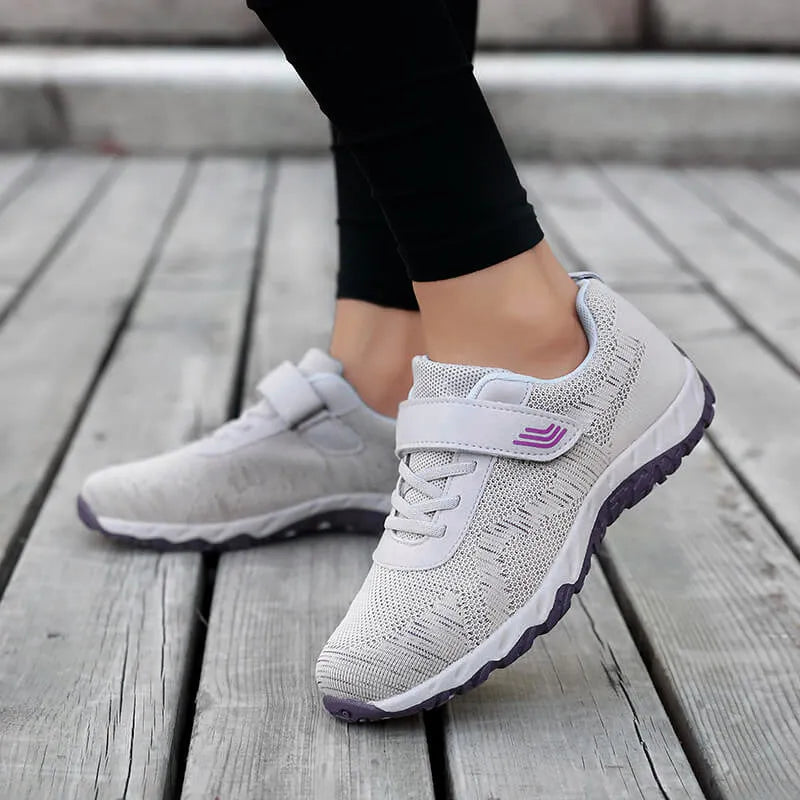 Women's grey purple wedge shoes with mesh upper, round toe, and Velcro fastening