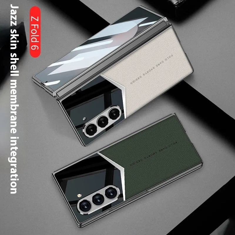 Electroplating plain leather phone case for Samsung Z Fold in black with hard shell