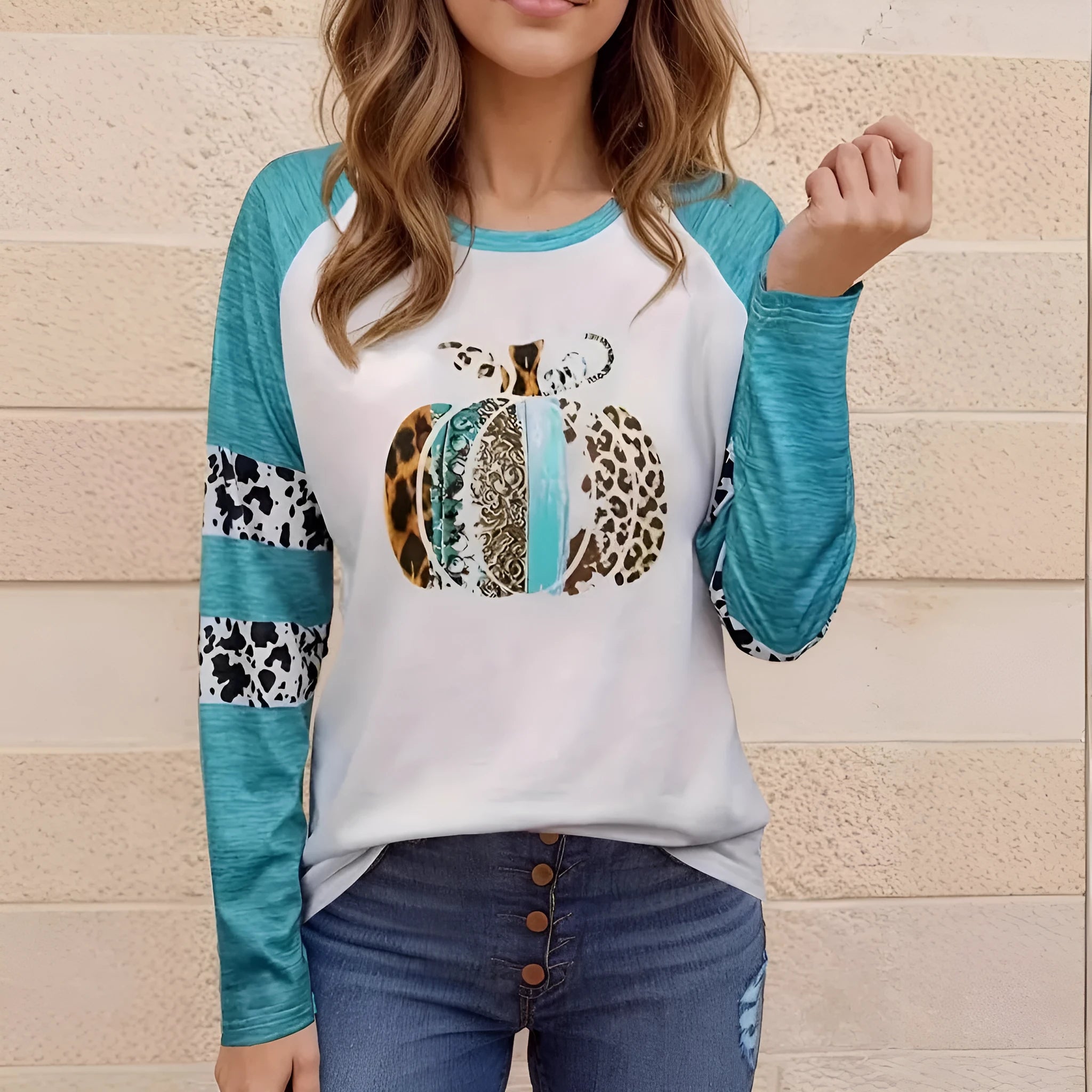 Sky blue Halloween T-shirt with 3D pumpkin digital printing and long sleeves