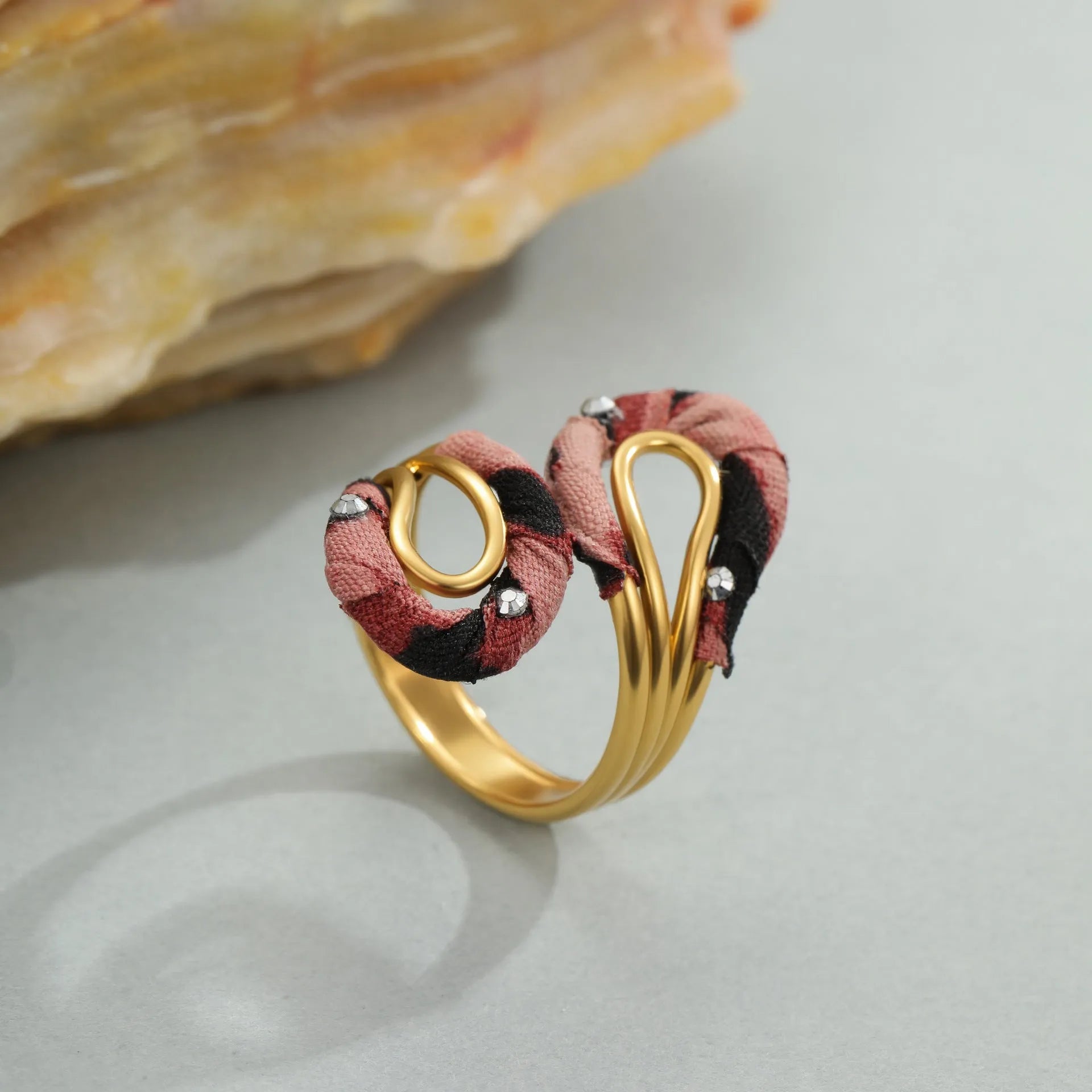 Open mouth stainless steel ring with leopard print geometric patterns in heart and star shapes