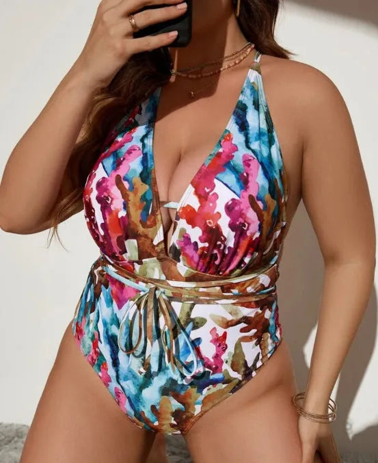 Women's solid purple halter swimsuit bikini with one-piece design