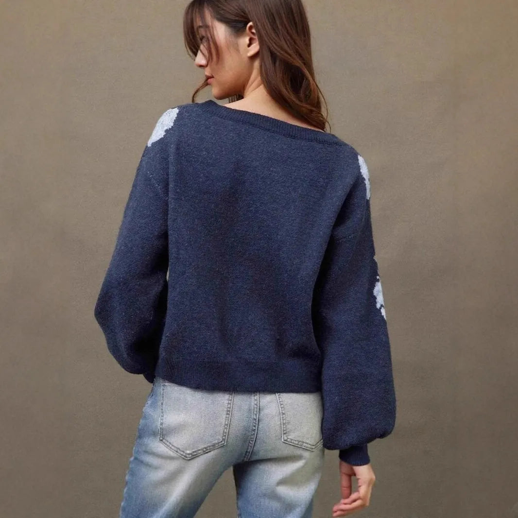 Sapphire blue women's loose fit pullover with floral jacquard pattern and off-neck design