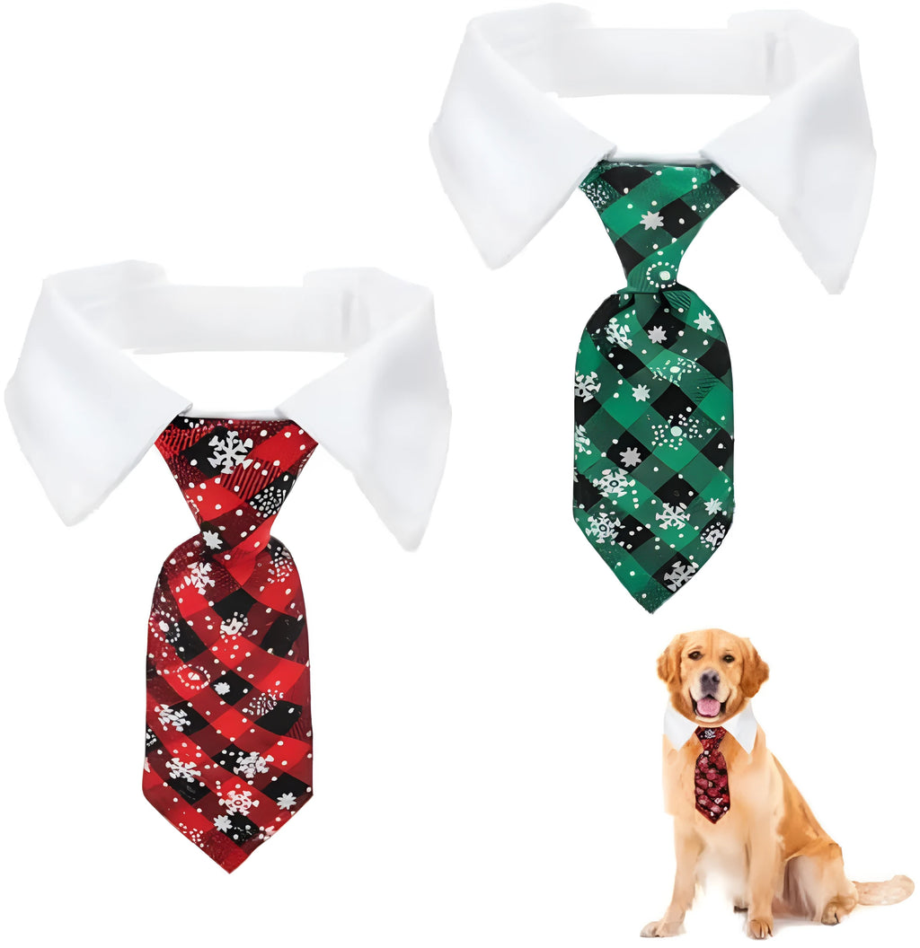 Adjustable Christmas dog necktie with red plaid and snowflake pattern on a white background