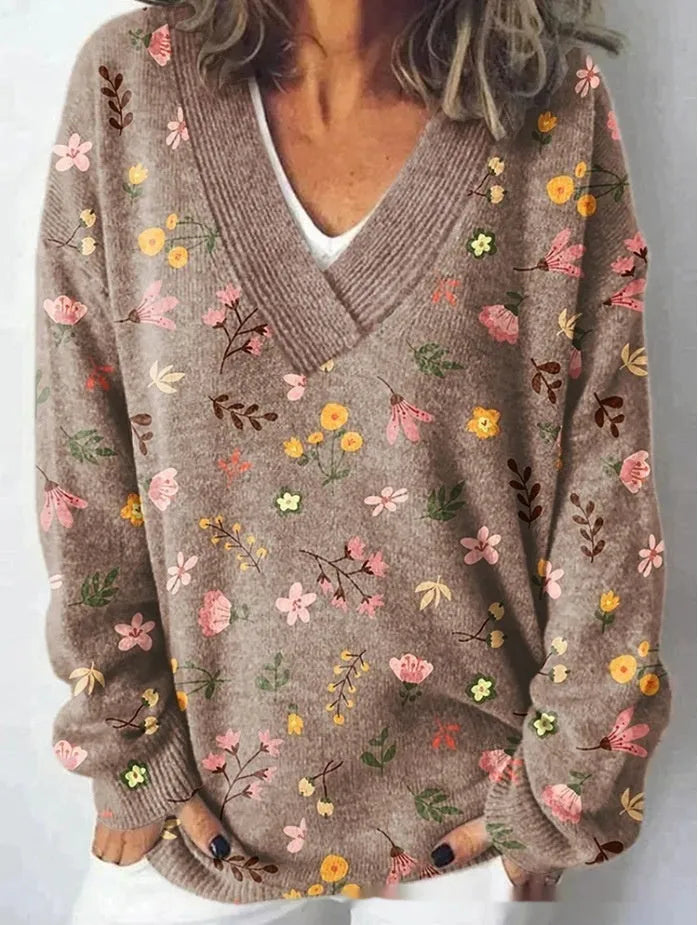 Women's floral printed sweatshirt with 3D pattern effect, V-neck pullover style in wool woven polyester fabric