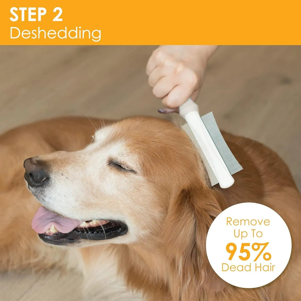 White double-sided dog cat deshedding brush with grooming comb and ergonomic handle.