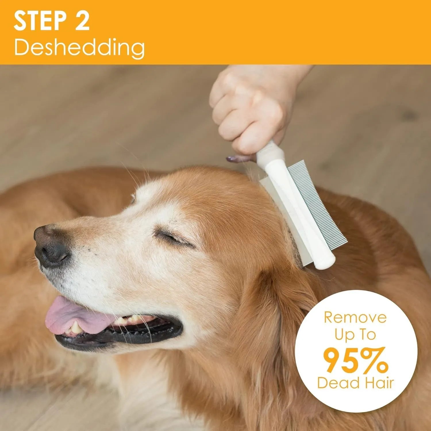 White double-sided dog cat deshedding brush with grooming comb and ergonomic handle.