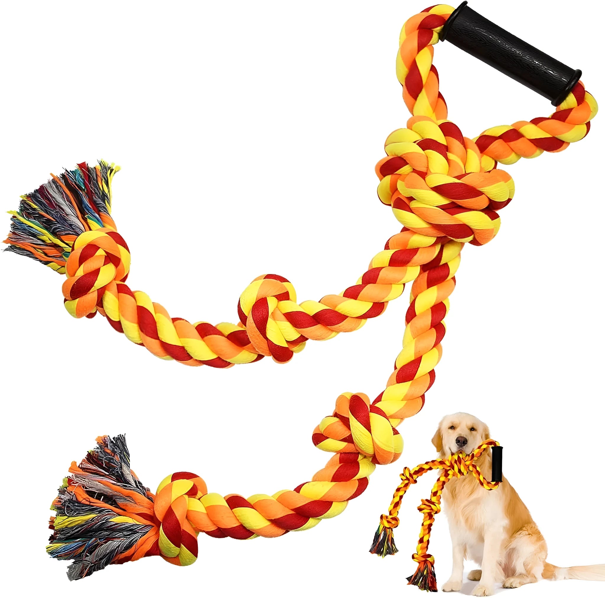 Blue and yellow durable cotton rope dog toy with handle for large breed aggressive chewers