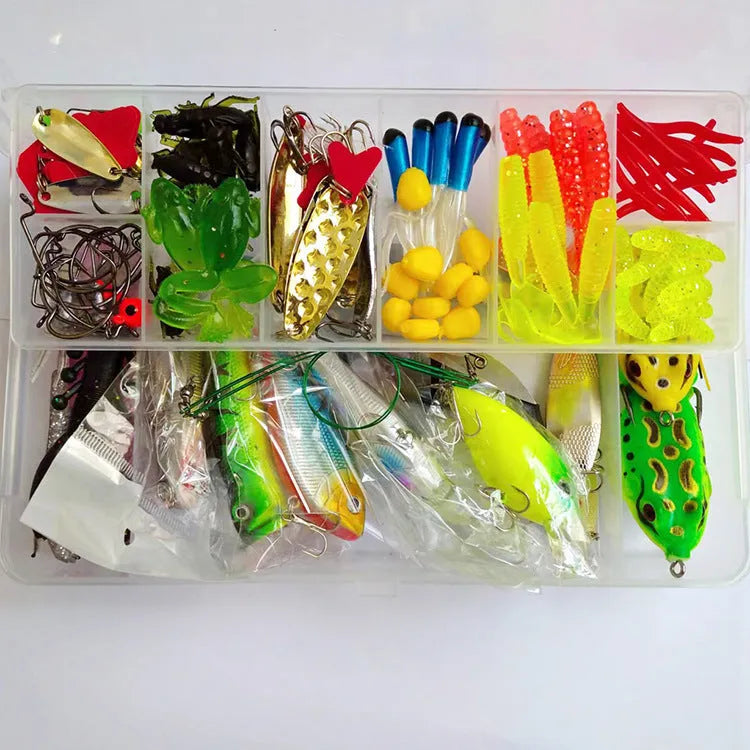 142-piece fishing lure set with metal and plastic baits including hard mino sequins and fishing pliers